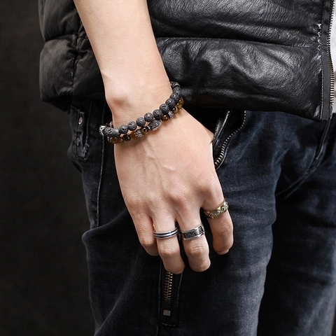Tiger Eye Stone Beaded Bracelet With 316L Stainless Steel Buddha Head Vintage Retro Religious Style For Men