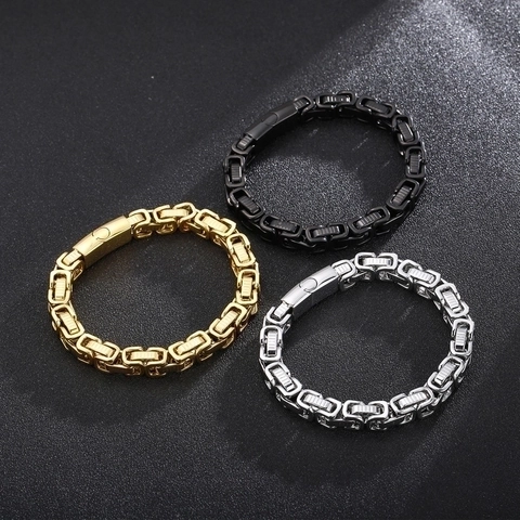 Pulsera Hombre De Acero Inoxidable Cadena Bizantina Estilo Industrial Pesado Eslabón Rectangular Joyería Masculina