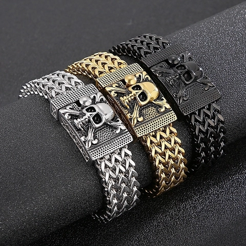 Men Chain Bracelet 316L Stainless Steel Skull Clasp Wheat Link Punk Gothic Hip Hop Jewelry For Bikers