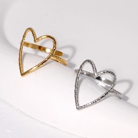 Anillo Corazón Hueco Acero Inoxidable Textura Martillada Banda Abierta Ajustable Joyería Dulce Simple Para Mujeres