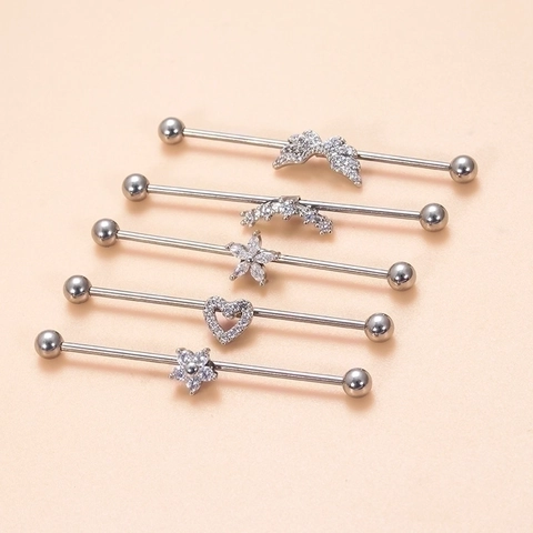 Industrial Barbell Earrings Stainless Steel Heart Wing Daisy Flower Zircon Cartilage Piercing Jewelry For Women Trendy Punk