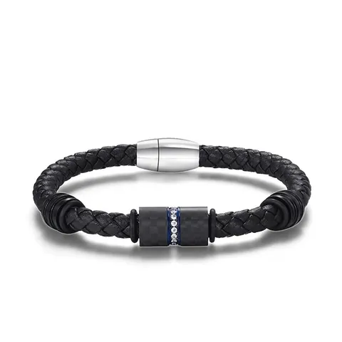 Bracciale In Pelle Intrecciata Da Uomo Con Chiusura Magnetica In Acciaio Inossidabile Texture In Fibρα Di Carbonio Zircone Blu