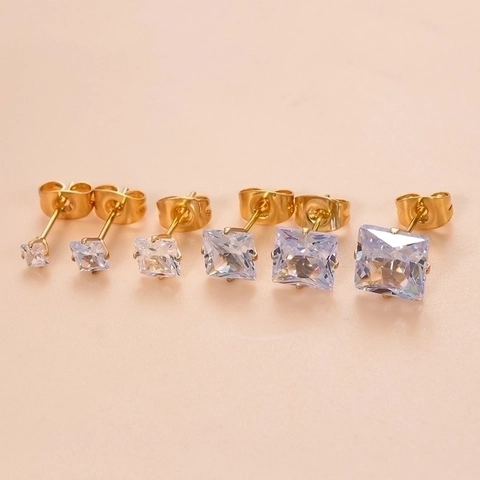 Pendientes De Botón Circonita Cuadrada Acero Inoxidable Corte Princesa Cuatro Garras Joyería Piercing Para Mujer Hombre