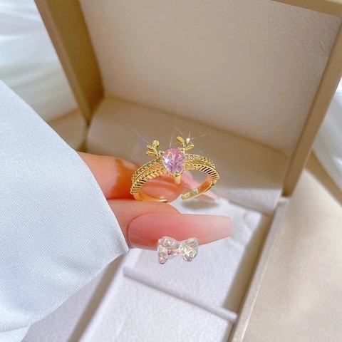 Anello Aperto Regolabile Corna Di Cervo Ottone Placcato Oro Zircone Pera Rosa Gioielli Per Donne