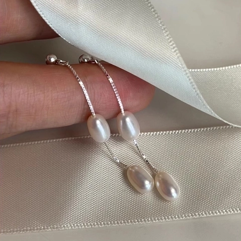 Long Tassel Threader Earrings With Freshwater Rice Artificial Pearls And 925 Sterling Silver Earring Post For Women Minimalist Design