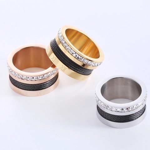 Anillo De Banda Ancha De Acero Inoxidable Con Números Romanos Y Pedrería Cuadrada Diseño De Cable Joyería De Moda Mujer