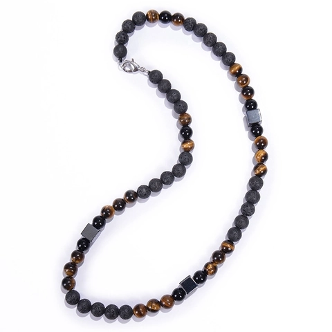 Men Natural Stone Beaded Necklace Tiger Eye Lava Stone Hematite Square Spacers Fashion Jewelry Accessory