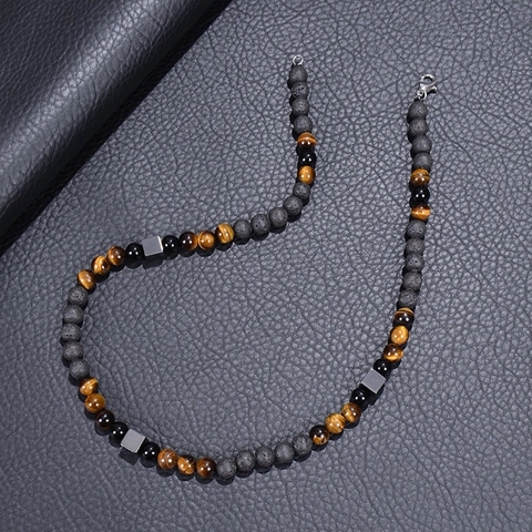 Men Natural Stone Beaded Necklace Tiger Eye Lava Stone Hematite Square Spacers Fashion Jewelry Accessory