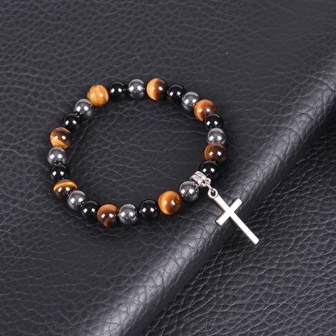 Bracciale Perline Occhio Di Tigre Ossidiana Ematite Retrò Con Pendente A Croce Metallo Magnetico Pietra Naturale Elastico Regalo