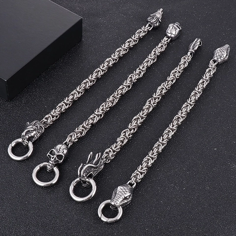 Men Retro Punk Bracelet Titanium Steel Byzantine Chain Lion Dragon Skull Snake Head Gothic Jewelry
