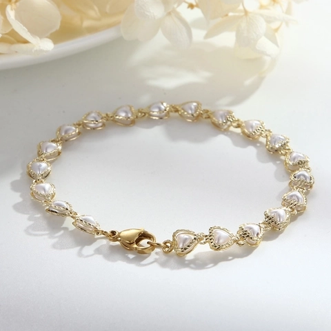 Pulsera De Eslabones En Forma De Corazón De Acero Inoxidable Con Inserciones De Perlas Artificiales Sintéticas Joyas Elegantes Para Mujer
