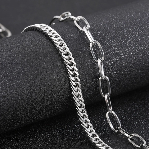 Double Layered Necklace For Men Stainless Steel Curb Chain And Paperclip Chain Hip Hop Style Jewelry Trendy Accessory Silver