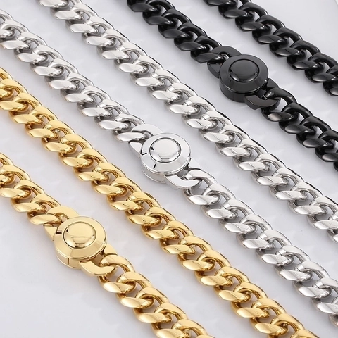 Collana Uomo Maglia Cubana In Acciaio Inossidabile Con Fibbia Rotonda Con Strass Hip Hop Punk