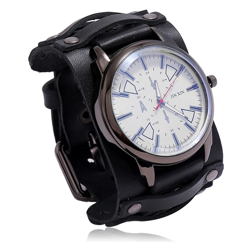 Vintage Punk Heren Echt Leren Horloge Verstelbare Brede Manchet Armband Horloge Met Klinknagels Retro Rundlederen Quartz
