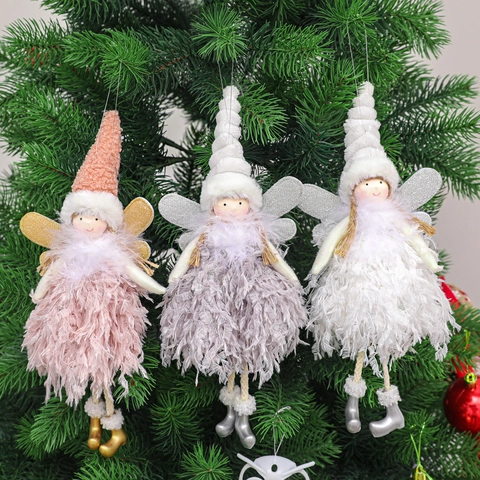 Christmas Angel Doll Hanging Pendants Plush Feather Knit Fabric With Glitter Wings For Holiday Tree Home Decor Cute