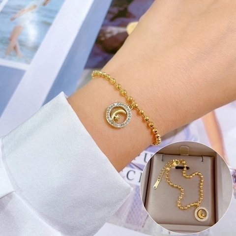 Bead Chain Bracelet Moon Star Pendant Stainless Steel Rhinestone Adjustable Elegant Fashion Jewelry Gift For Women