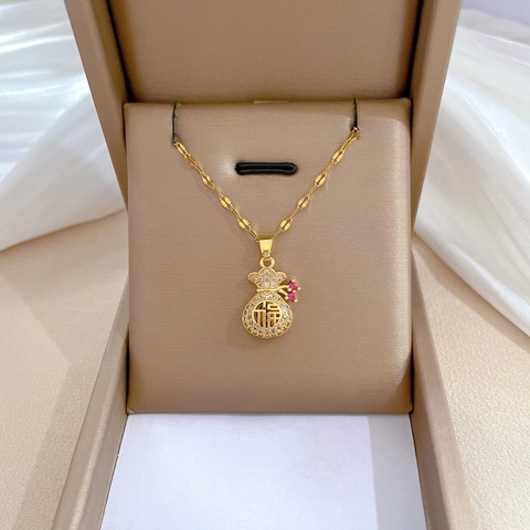 Titanstahl Gold Geldbeutel Anhänger Halskette Fu Zeichen Hohl Design Strass Schlüsselbein Kette Schmuck Für Damen Geschenk