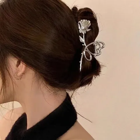 Eleganter Metall Rosenblume Herz Haarklammer Retro Legierung Shark Jaw Kopfschmuck Für Frauen