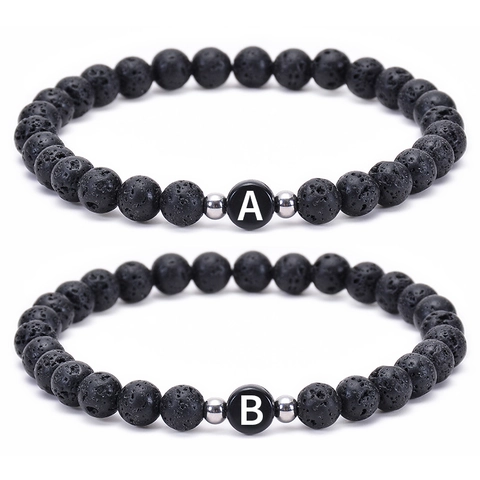 Pulsera de Cuentas de Piedra de Lava Natural Con Cuentas de Letras Iniciales En Inglés Para Hombres Mujeres Hecho a Mano Elástico Joyería Regalo