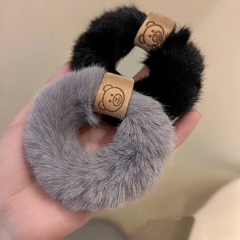 Fluffy Plush Hair Scrunchies Cute Bear Leather Label Elastic Hair Ropes Winter Sweet Hair Accessories For Women Girls
