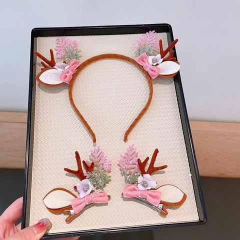 Weihnachts Geweih Stirnband Haarklammern Für Mädchen Kinder Rentierhorn Haarschmuck Mit Filzblumen Schleife Feiertag Party