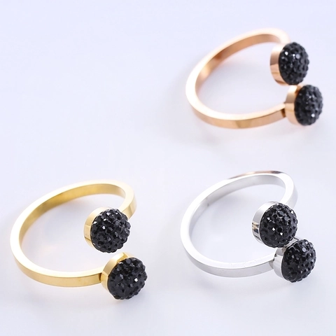 Anillo Abierto Geométrico De Acero Inoxidable Con Doble Bola De Circón Negro Joyería Minimalista Ajustable Para Mujer