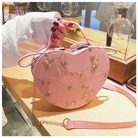 Floral Embroidery Heart Shaped Crossbody Bag Mini PU Leather Shoulder Handbag With Chain Strap Sweet Fashion Women