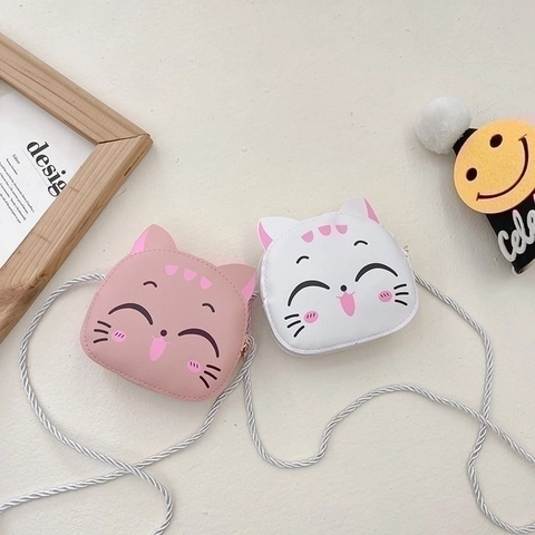 Kids Mini Crossbody Bag Cute Cartoon Cat Shape PU Leather Small Shoulder Purse For Toddlers Girls Boys Braided Strap