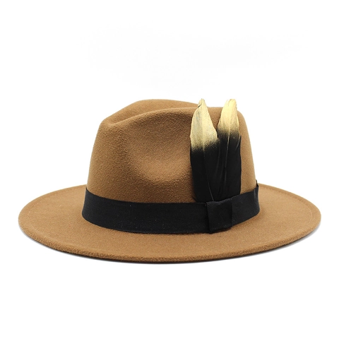 Chapeau Fedora Classique Vintage Feutre De Laine Large Bord Avec Décoration De Plume Ruban Style Britannique Hommes Femmes