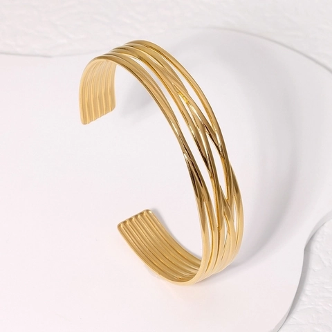 Brazalete Abierto Acero Inoxidable Minimalista Ajustable Líneas Geométricas Multicapa Joyería Moderna Para Mujer