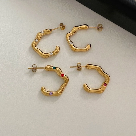 Stainless Steel C-Shape Irregular Wave Hoop Earrings With Rhinestones Gold Plated Minimalist Style For Women