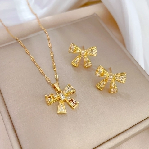 Bowknot Jewelry Necklace And Earrings Gold Plated With Zircon Copper Pendant Titanium Steel Chain And Silver Earring Post