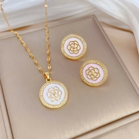Camellia Round Necklace Earring Jewelry Set Gold Plated Titanium Steel With Silver Earring Post Micro Inlaid Zirconia