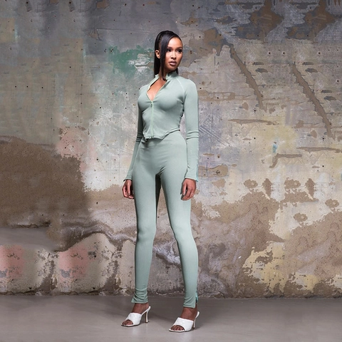 Women Two Piece Set Ribbed Zip Up Long Sleeve Crop Top And High Waist Slit Leggings Solid Color Slim Fit Casual