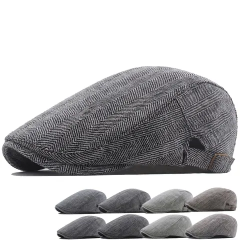 Vintage Herringbone Newsboy Cap Pure Cotton Adjustable Metal Buckle Retro Flat Cap For Men Autumn Winter Warm