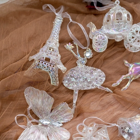 Ornamenti Natalizi Acrilico Iridescente Aurora Carrozza Cervo Torre Eiffel Farfalla Ballerina Campana Scatola Regalo Decorazione