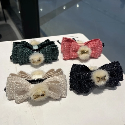 Fermaglio A Banana Con Fiocco In Tweed Elegante Accessorio Per Capelli Con Pompon In Pelliccia Sintetica E Coniglio In Metallo Per Donna