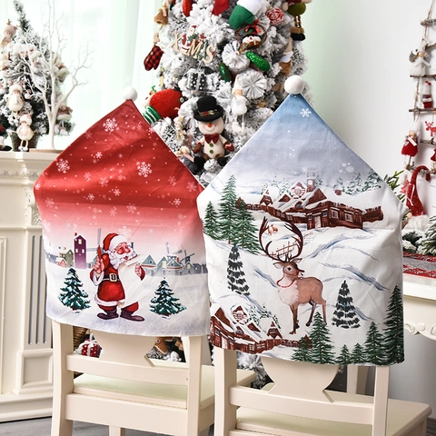 Christmas Chair Back Covers Holiday Dining Room Decoration Santa Claus Snowman Reindeer Patterned Brushed Fabric