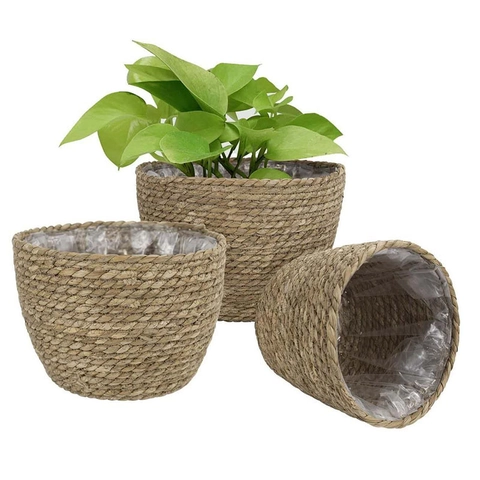 Cesto Per Vasi Da Fiori Intrecciato A Mano In Paglia Naturale Contenitore Per Piante Con Rivestimento In Plastica Impermeabile