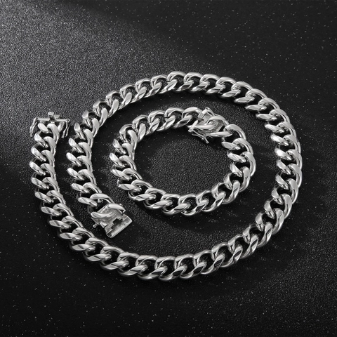Collar Y Pulsera De Cadena De Eslabones Cubanos Para Hombre Acero Inoxidable Hip-Hop Punk Streetwear Joyería Pulida Color Plata