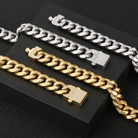 Bracciale Da Uomo Hip Hop Cuban Link In Acciaio Inossidabile Al Titanio Con Fibbia Intarsiata In Zircone Punk