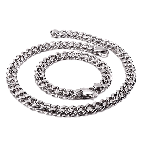 Men Stainless Steel Cuban Link Chain Necklace And Bracelet Interlocking Polished Hip Hop Punk Jewelry