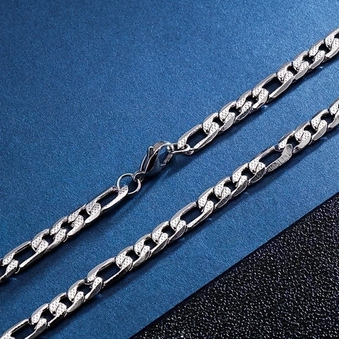 Collana Catena Figaro Uomo Acciaio Titanio Lucidato Motivo Puntinato Geometrico Tono Argento Street Style Moschettone