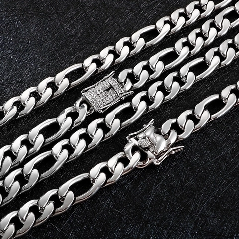 Collana Catena Cuban Figaro Acciaio Inossidabile Chiusura Zircone Hip Hop Punk Streetwear Per Uomini Donne