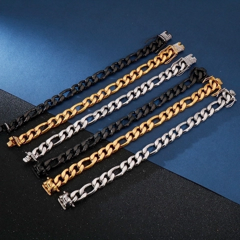 Pulsera De Eslabones Cubanos Para Hombre De Acero Inoxidable Con Cierre De Pedrería Cadena Figaro Hip Hop Joyería