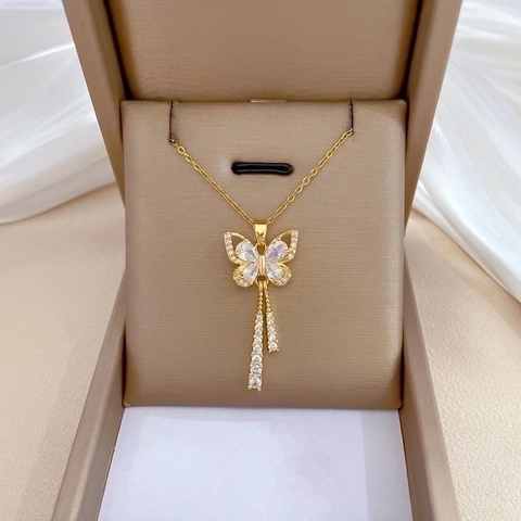 Collana Con Pendente A Farfalla E Nappe Catena In Acciaio Inossidabile Oro Rame Zirconia Gioielli Eleganti Per Donna