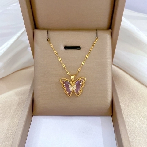 Elegante Schmetterling Anhänger Halskette Edelstahlkette Kupfer Mikro Eingelegte Zirkon Hohl Schlüsselbein Schmuck Für Frauen