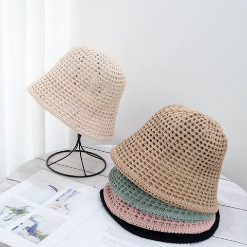 Summer Hollow Out Knitted Bucket Hat Breathable Sun Protection Fisherman Hat Packable Vintage Sun Hat For Women Travel
