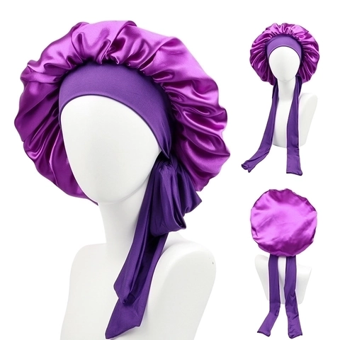 Satin Sleep Bonnet For Women Hair Care Long Adjustable Ties Wide Elastic Band Nightcap Solid Color Smooth Satin Feel