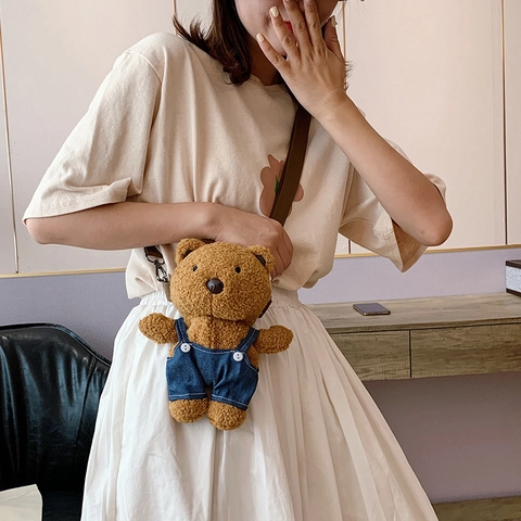Cute Plush Cartoon Bear Crossbody Bag Polar Fleece Animal Shape Shoulder Bag With Adjustable Fabric Strap For Women Girls